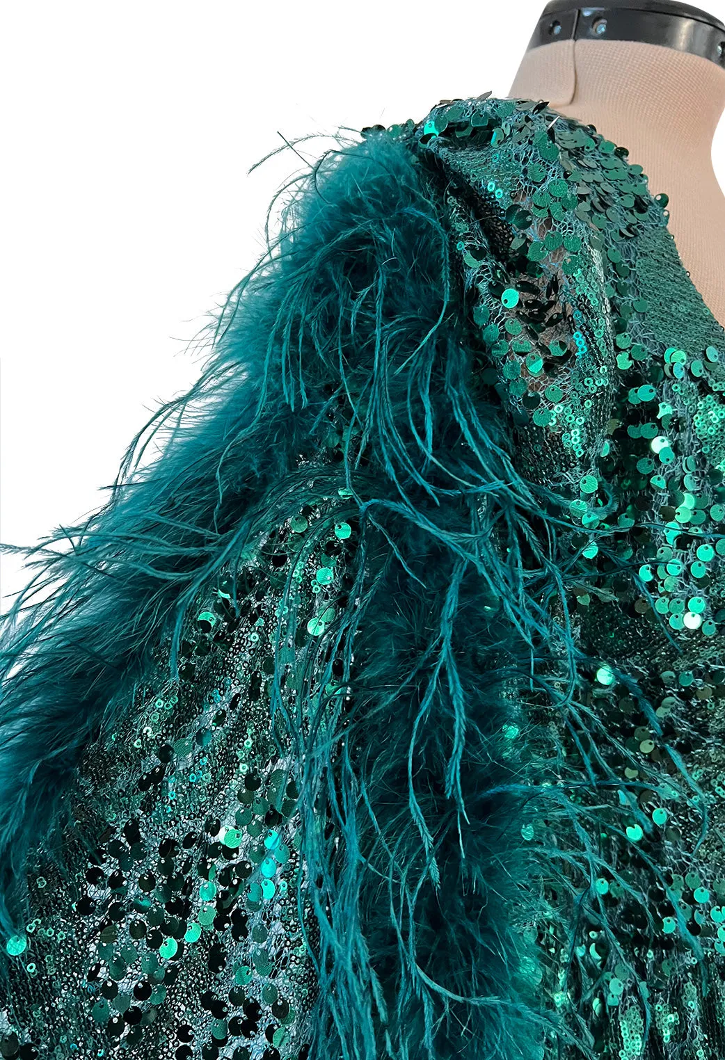 1970s Unlabeled Green Sequin Dress w Dramatic Feather Trimmed Open Extra Long Sleeve