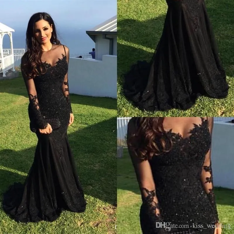Black Lace Mermaid Popular Prom Dress, Sexy Fashion Dress, Long Sleeves Scoop Prom Dress, PD0435