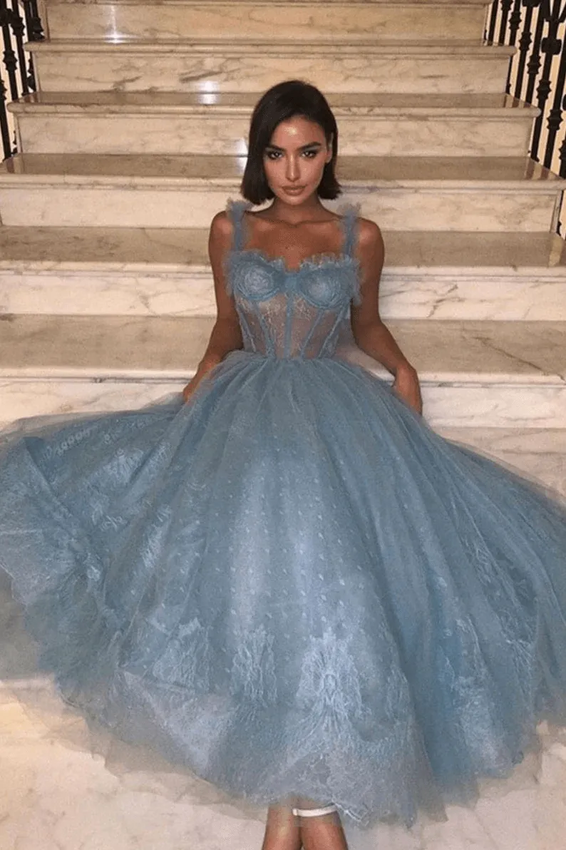 Gray Blue Tulle Lace Formal Dress Prom Dress Tulle Lace Evening Dress HD0142