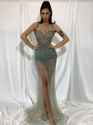 Sexy Spaghetti Straps Mermaid Sequin Cheap Long Prom Dresses,RBPD0126