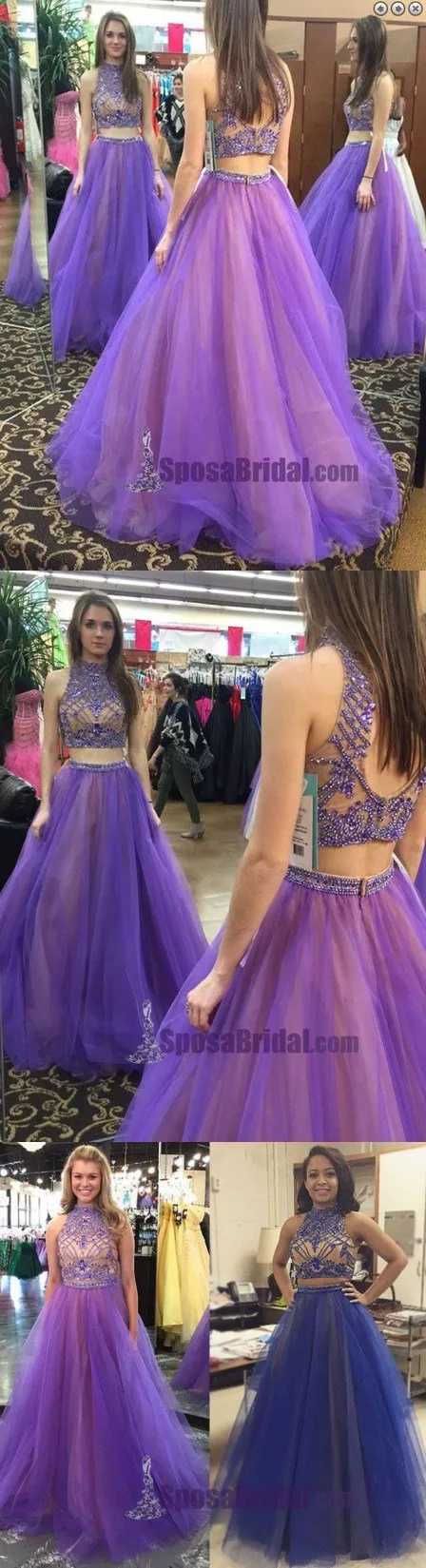 Tulle Two Piece High Neck Popular Custom Prom Dress, Party Dress, PD0320