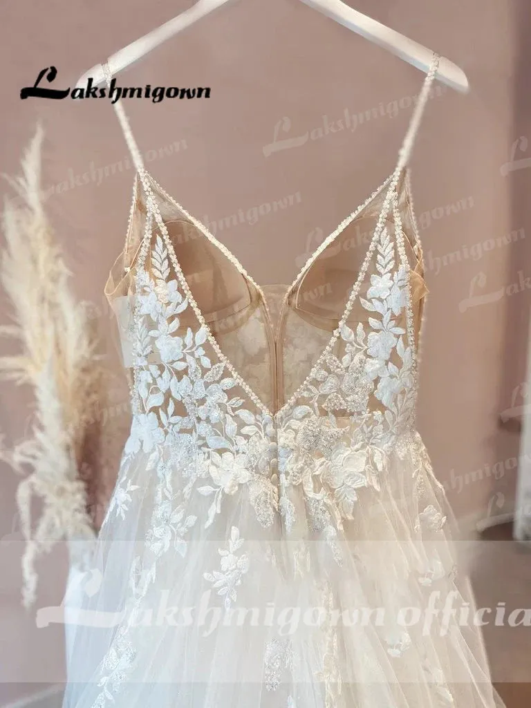 Vestido Novia Spaghetti Straps Lace Wedding Dress With V Neckline Bride Dress