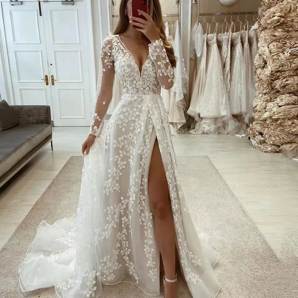 Wedding Dresses Lace Applique Bride Gowns Split Tulle A Line Sweep